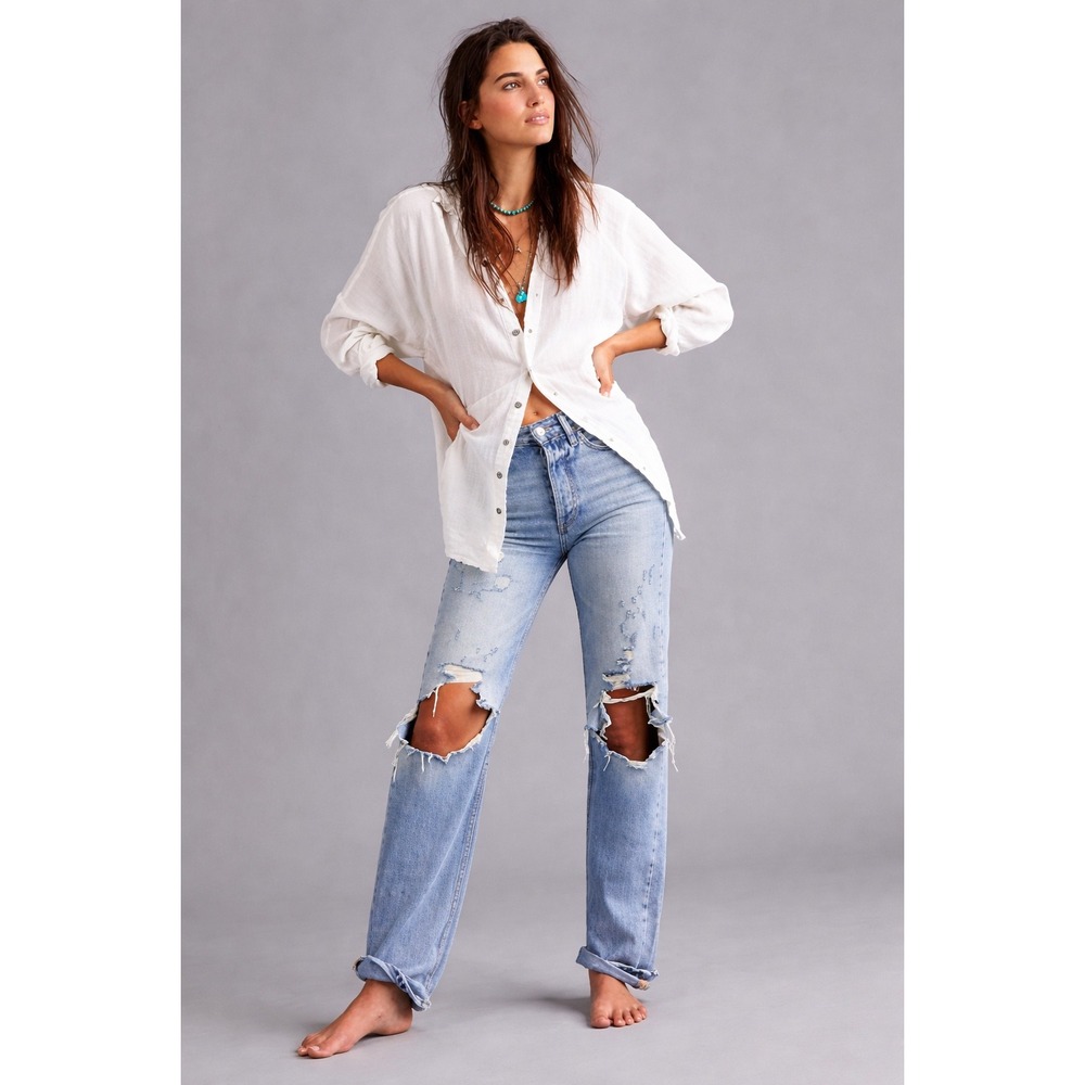 Free People We The Free Lasso Jeans Foxtrot Wash Distressed Straight Leg Size 27